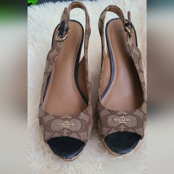 Coach Brown Peep-Toe Slingback Wedges - Picture 1 of 8